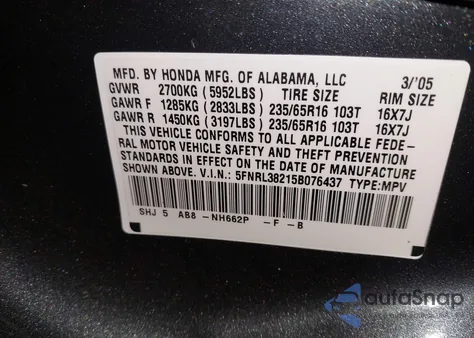 2005 Honda Odyssey Lx from USA, damaged, VIN 5FNRL38215B076437